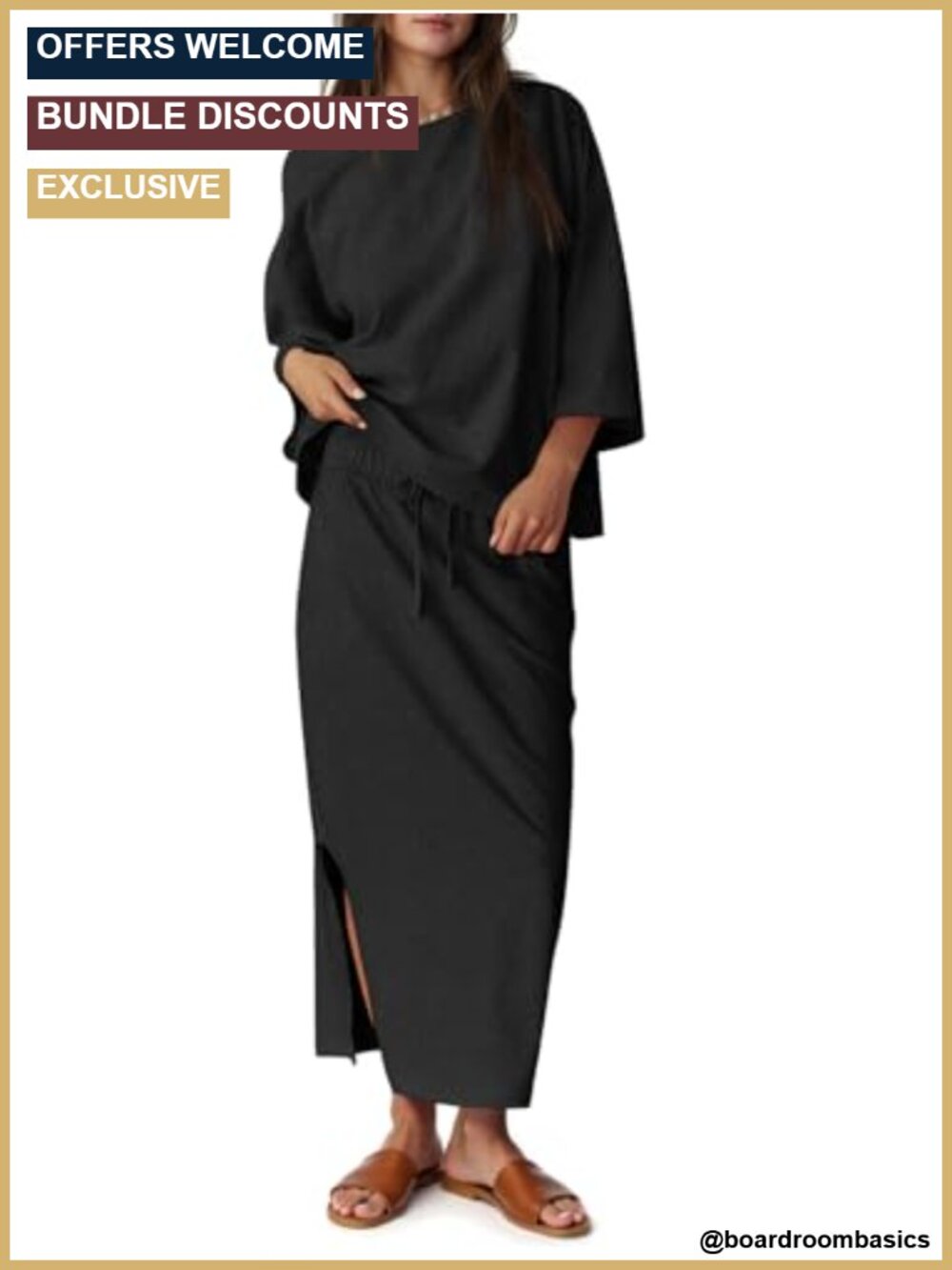 Women's 2 Piece Lounge Set Oversized 3/4 Sleeve Top & Maxi Skirt Cotton Blend